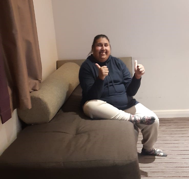 Harpreet in her hotel room